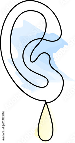 Ear with drop continuous line drawing. Ear infection. Inflammation and fluid buildup. Otitis media. Hearing loss. Vector illustration