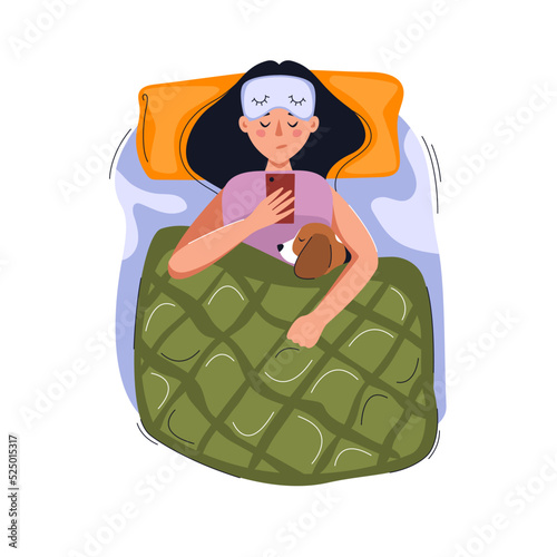 Girl and dog in the bed. Woman can't sleep, looks at the phone. Sleep apnea, snoring, health sleep concept. Vector flat illustration.