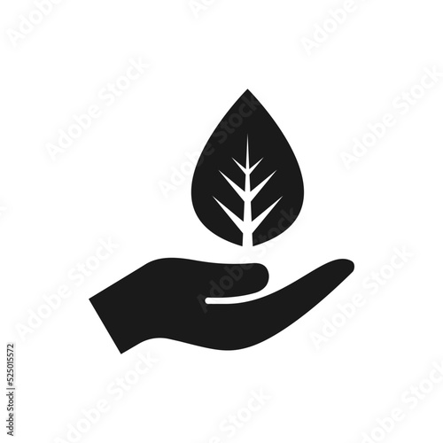 Leaf on hand icon flat style isolated on white background. Vector illustration