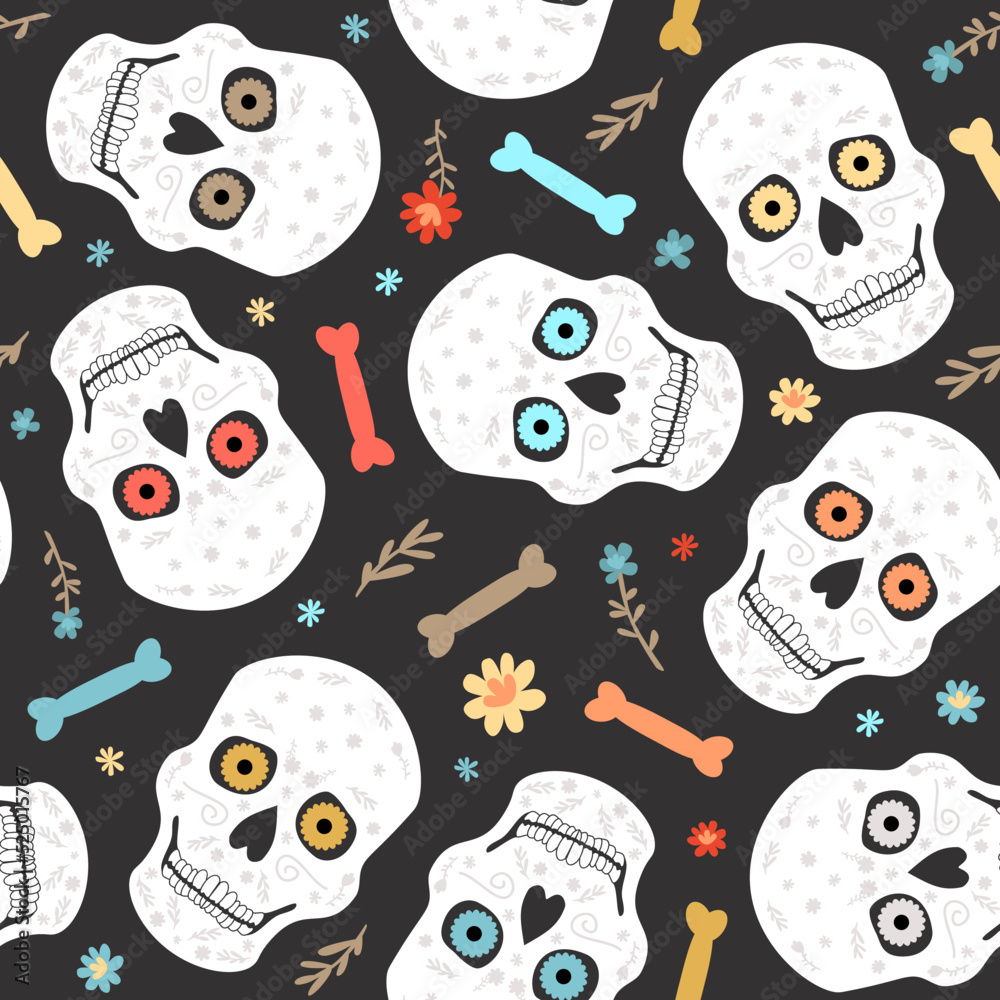 Fototapeta premium Seamless vector pattern of skulls, bones and flowers. Day of the Dead.