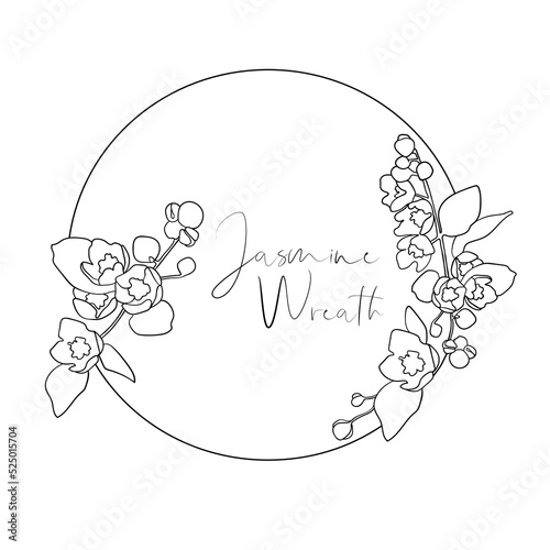 Jasmine wreath on white background. Wedding wreath. Line art flower