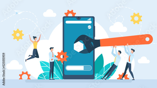 Concept of creating, setting personal pages, and repairing. User interface customization, programming. Phone screen with user's personal page. User customizes settings on mobile. Vector illustration