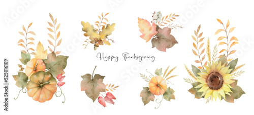 Foto Watercolor vector autumn bouquet set with sunflower flowers, pumpkins, leaves and branches