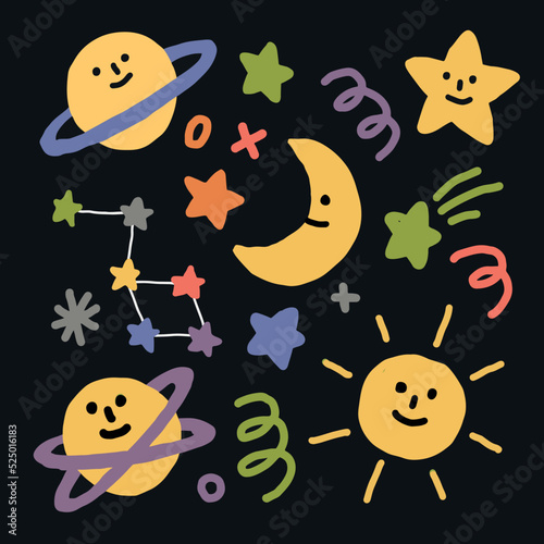 set of space, Astronaut, space ships, planets, stars and earth. Vector illustration on dark background