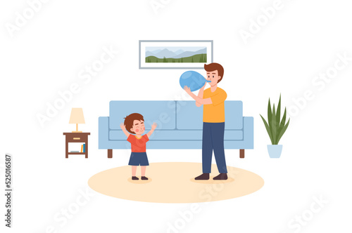 Father inflates a balloon for his child, flat vector illustration isolated.