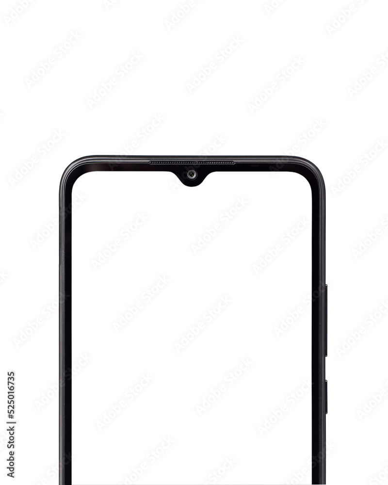 Half phone screen. Phone with blank screen isolated on a white background. Phone frame. Half phone screen. Phone with blank screen isolated on a white background. Phone frame.