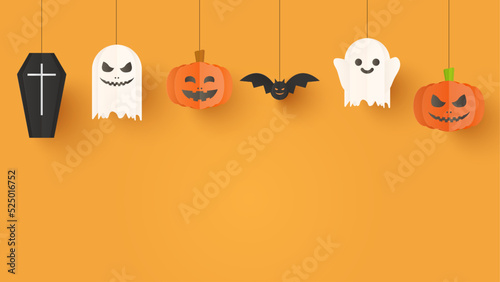 Halloween background. Paper cut style pumpkins, ghost and bat for halloween banner on orange background