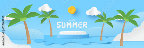 Summertime with podium platform to show product. Tropical nature beach in summer with coconut tree. Paper cut and craft style illustration