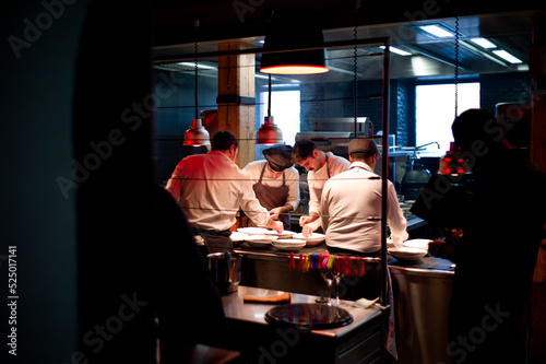 Cooks serving meal on restaurant kitchen photo