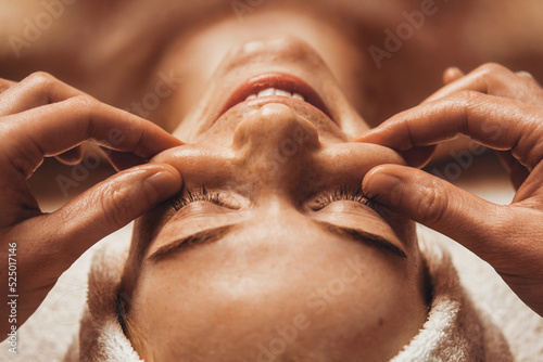 Close-up portrait of a caucasian woman with closed eyes having a facial massage in a spa salon. Body care. Woman beauty face. Health care.