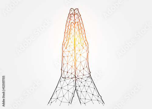 Religious hand gesture concept. Polygonal vector illustration of praying hands on white background. Pray low poly design. Religious futuristic banner template or background.