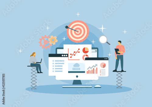 Digital Marketing. Concept of Project initiation. Project management, life cycle. Assignments, analyzing data concept. Different features, vector illustration.