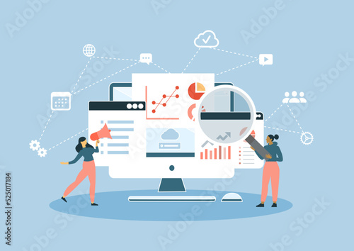 Digital Marketing. Concept of Project initiation. Project management, life cycle. Assignments, analyzing data concept. Different features, vector illustration.