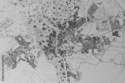 Map of the streets of Cairo (Egypt) made with black lines on grey paper. Top view. 3d render, illustration