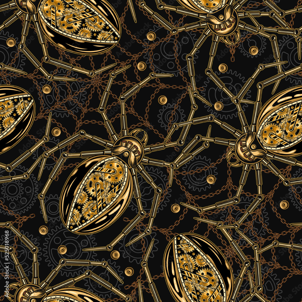 Seamless halloween pattern in steampunk style with gold metallic spiders, spider web of copper rough chains, outline gears behind, rivets. Creative fantasy concept