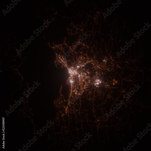 Burlington (Vermont, USA) street lights map. Satellite view on modern city at night. Imitation of aerial view on roads network. 3d render