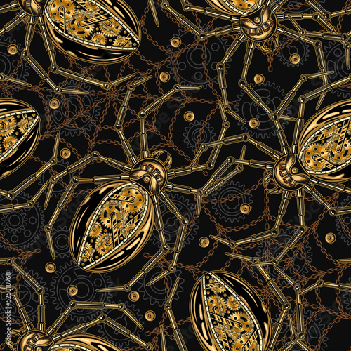 Seamless halloween pattern in steampunk style with gold metallic spiders, spider web of copper rough chains, outline gears behind, rivets. Creative fantasy concept