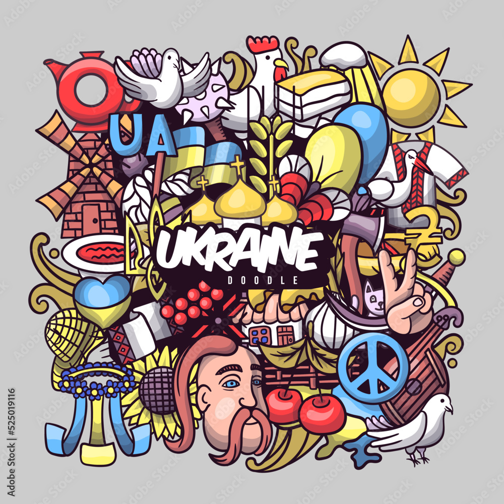 Ukrainian symbols, elements and objects background. Ukraine cartoon vector doodles illustration. Bright colors funny picture.