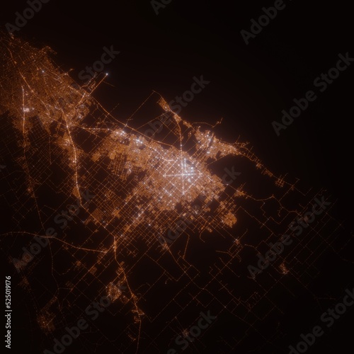 La Plata (Argentina) street lights map. Satellite view on modern city at night. Imitation of aerial view on roads network. 3d render