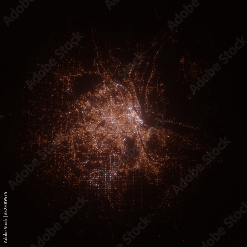 Phnom Penh (Cambodia) street lights map. Satellite view on modern city at night. Imitation of aerial view on roads network. 3d render