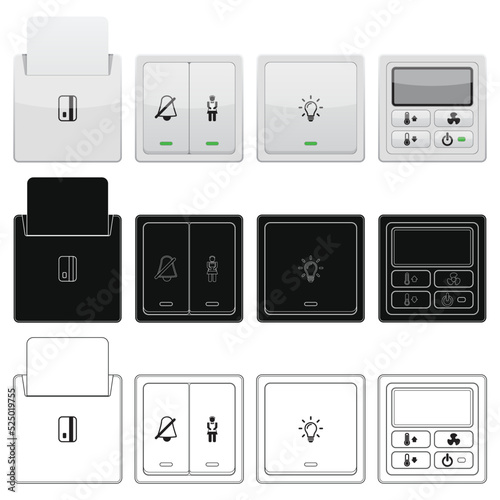 Layered editable vector illustration of hotel control panel including do not disturb, room service, light switch, air conditioner switch, room card slot.