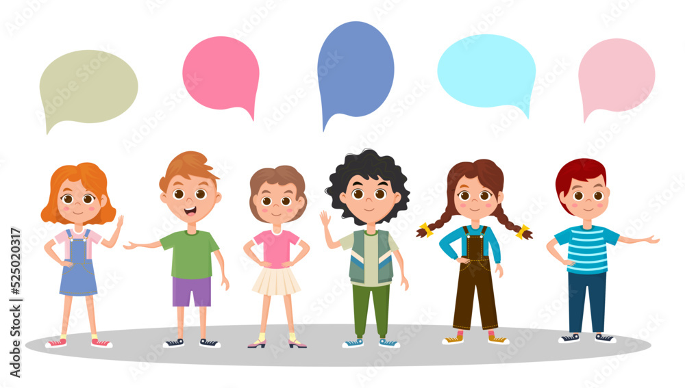 Small children communicate with each other.Children talk using speech bubbles.Vector graphics.