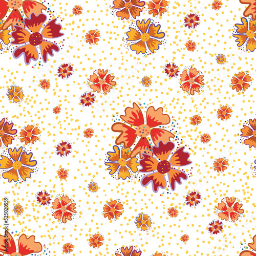 Abstract tropical flower vector seamless pattern background. Hand-drawn surreal neon orange indigo florals on polka dot confetti backdrop. Jungle flower design. Botanical rainforest flowers repeat