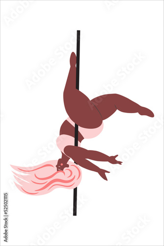 A beautiful woman doing pole dance moves and shapes. Pole fitness, pole sport. Studio and classes concept. Every body shapes and ages are welcome. Minimal lines style.