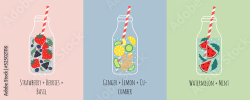 A collection of infused water bottles with straws. Healthy summer drinks for refreshment and fitness. Homemade fruit and vegetables water with seasonal ingredients.