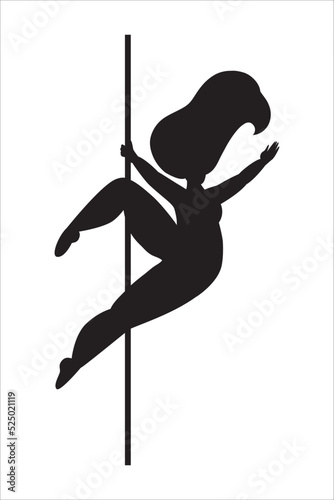 A silhouette of beautiful woman doing pole dance moves and shapes. Pole fitness, pole sport. Studio and classes concept. Every body shapes and ages are welcome. Minimal lines style.