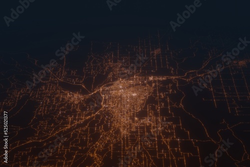 Aerial shot on Yakima (Washington, USA) at night, view from west. Imitation of satellite view on modern city with street lights and glow effect. 3d render photo