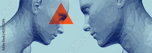 Two opponents facing each other. Conflict. People talk face to face. The concept of rivalry. Abstract digital human head made from dots. 3d vector illustration for banner, poster, cover or brochure.