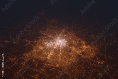 Aerial shot of Lexington (Kentucky, USA) at night, view from south. Imitation of satellite view on modern city with street lights and glow effect. 3d render photo