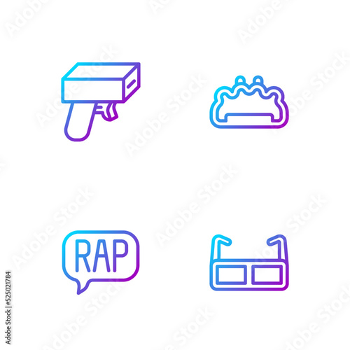 Set line Glasses, Rap music, Money gun and Brass knuckles. Gradient color icons. Vector