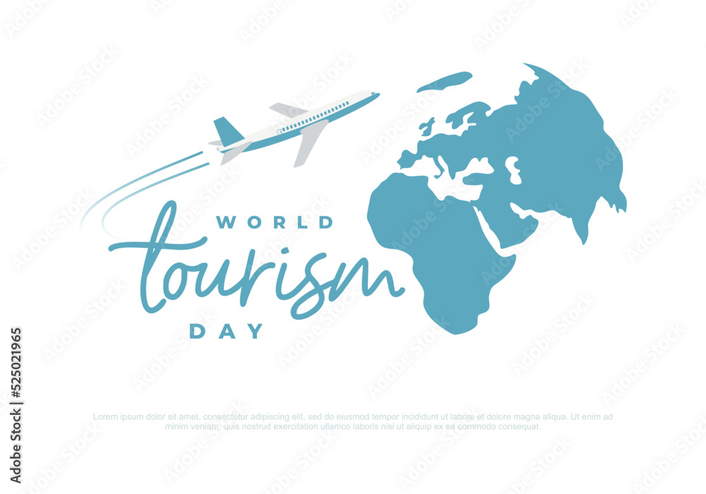 World tourism day background banner poster with airplane and earth map on september 27.