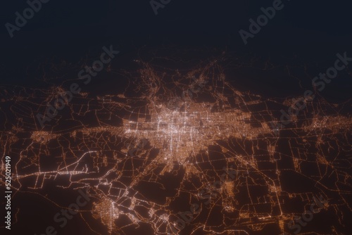 Aerial shot of Bishkek (Kyrgyzstan) at night, view from north. Imitation of satellite view on modern city with street lights and glow effect. 3d render photo