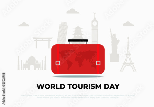World tourism day background banner poster with red suitcase and tourist icon building on september 27.