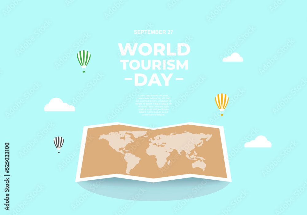 World tourism day background banner poster with big earth map and air balloon on september 27.