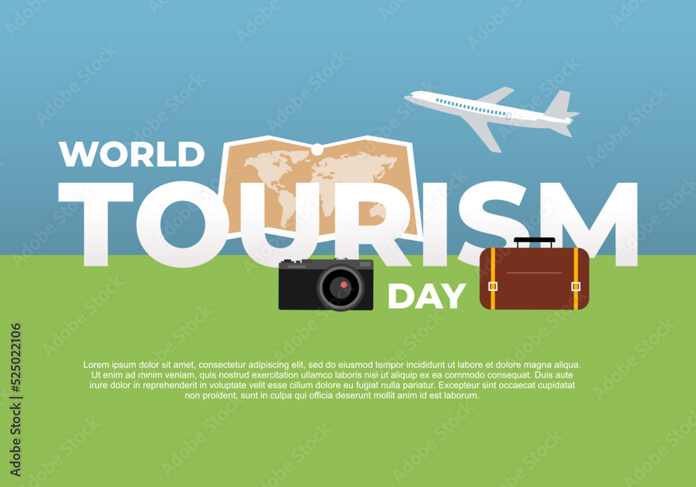 World tourism day background banner poster with airplane, camera, suitcase and earth map on september 27.