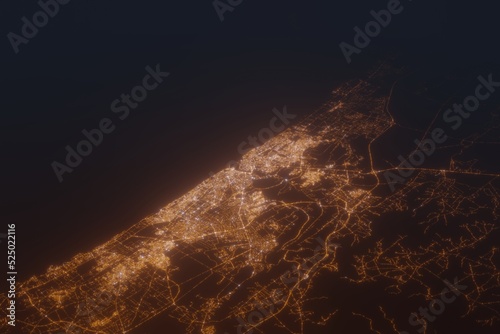 Aerial shot of Rabat (Morocco) at night, view from south. Imitation of satellite view on modern city with street lights and glow effect. 3d render