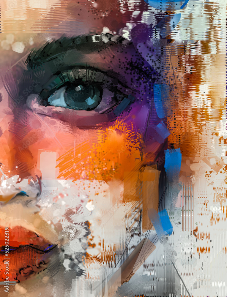 Oil, acrylic paint on canvas. Abstract colorful portrait of girl, young  woman. Modern art oil painting female face. Artwork by artist .  Illustration color paint design for background, expression style Stock  Illustration
