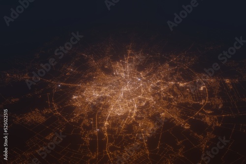 Aerial shot on Bucharest (Romania) at night, view from east. Imitation of satellite view on modern city with street lights and glow effect. 3d render