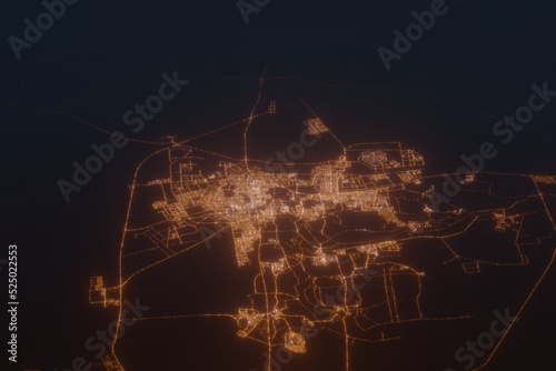 Aerial shot on Hofuf (Saudi Arabia) at night, view from east. Imitation of satellite view on modern city with street lights and glow effect. 3d render photo