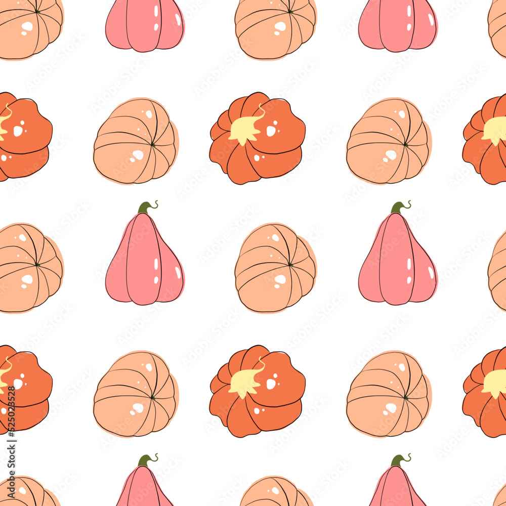 pumpkin seamless vector pattern on white background. Hand drawn autumn pumpkin background design for wrapping and digital paper.