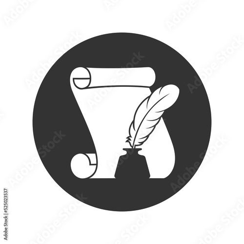 Scroll and quill in inkwell graphic icon. Literary emblem isolated on white background. Vintage symbol. Vector illustration