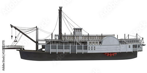 Paddle Steamer River Boat 3D rendering on white background