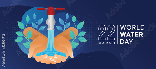 world water day hand holding water fall from the faucet tap and leaf branch around on dark blue background vector design
