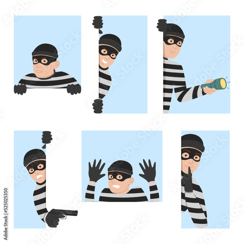 Set of criminal looking out of corners vector isolated. Illustration of a thief hiding behind the wall. Dangerous character in mask.