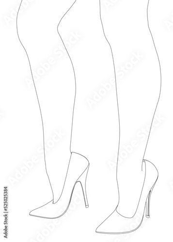 The contour of female legs in high-heeled shoes of their black lines isolated on a white background. Sexy female legs. Vector illustration.