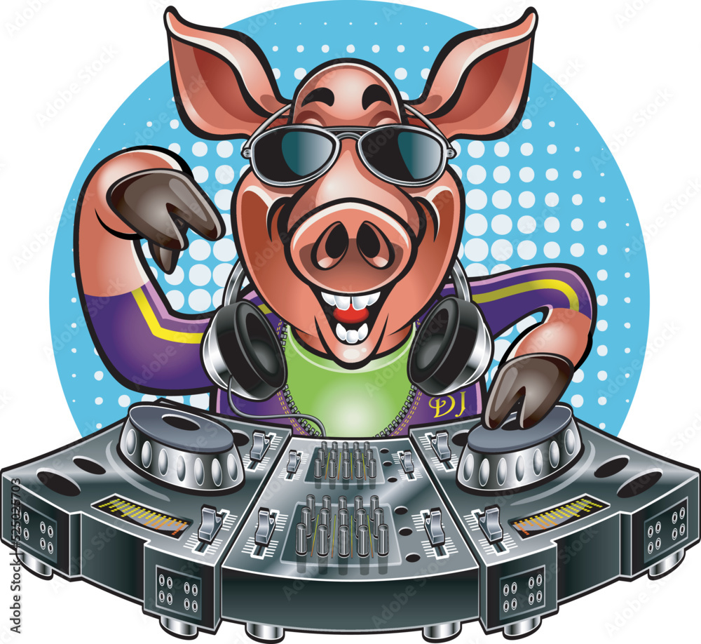 Cartoon style Discjockey pig operating mixer desk